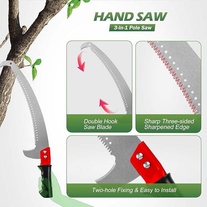 Walensee Pole Saw for Tree Trimming, 7.2-27 FT Manual Tree Pruner with 8 Sectional Fiberglass Poles, Saw Blade & Pruning Scissor Head, Adjustable Branch Cutter for Yard Garden with Storage Bag