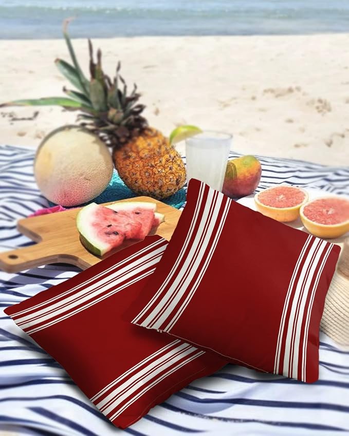 Vandarllin Outdoor Throw Pillows Covers 24X24 Set of 2 Waterproof Burgundy Red Stripe Decorative Zippered Lumbar Cushion Covers for Patio Furniture, French Stripe Farmhouse Style