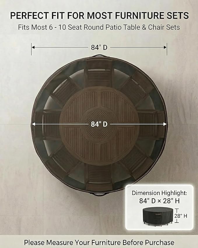 Round Outdoor Patio Furniture Cover, Heavy Duty 600D Waterproof Cover for Table & Chair Set or Sofa Set Covers, Windproof,UV Resistant, All-Season for Backyard,Deck,Garden,84" L x 84" W x 28" H,Black