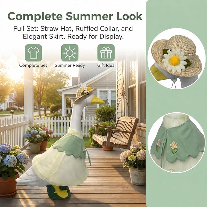 holoith 3 Pcs Summer Porch Goose Outfits for 23 inch Cement Goose Set | Outdoor Garden Statue with Gooses Outfit, Summer Garden Entrance Decoration, Includes Straw Hat, Collar, and Skirt