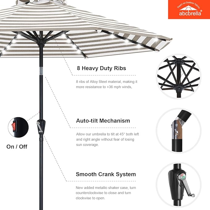ABCCANOPY OLEFIN® 5-Year No Fading Patio Umbrella with Solar Lights (Gray Stripe)