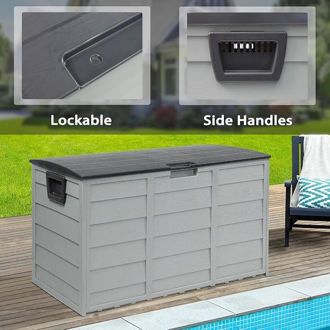 CrownLand 75 Gallon Outdoor Storage Deck Box Upgraded Patio Sun-proof Woodgrain Patio Storage Box for Patio, Garden, Balcony(Grey), Gray
