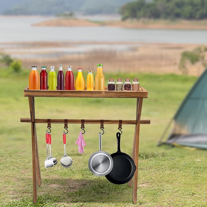 Portable Wooden Picnic Rack, with hanging hook, Lightweight Wood Outdoor Shelf Foldable Travel Camping Table Rack for Storage,Outdoor Kitchen,RV Picnic,BBQ,Home Storage