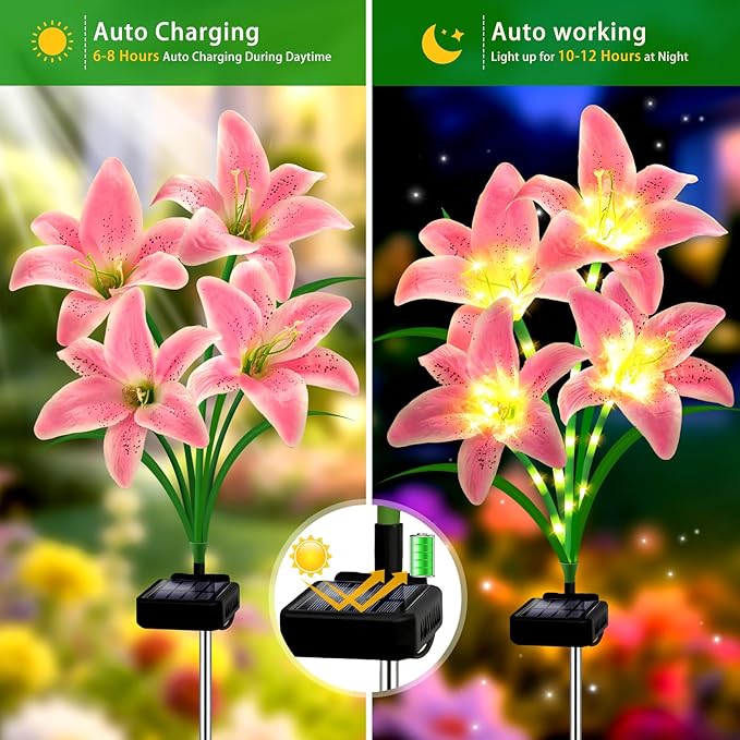 Solar Lights Outdoor, Gift for Women Mom Grandma Wife Daughter, 4 Pack 16 Solar Pink Lily Flower Lights, Solar Flower Lights Waterproof, Outside Decor Stake Light for Landscape Yard Patio Lawn Garden