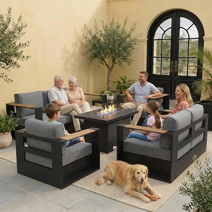 Aluminum Patio Furniture Set, 4 Seats Luxury Seating Furniture with 44" Fire Pit Table, All Weather Outdoor Conversation Sets with 6" Thickened Cushions