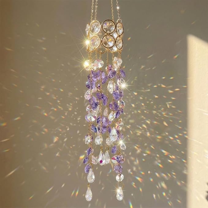 Crystal Suncatchers for Window Hanging Decor, Prism Rainbow Maker with Chain & Hook, Ornament for Ceiling, Garden, Home, Indoor & Outdoor Decoration, Purple