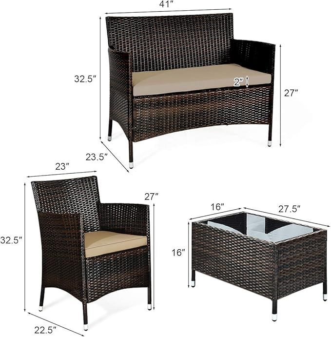 Goplus 4-Piece Rattan Patio Set, Outdoor/Indoor Wicker Conversation Set for Pool, Backyard, Lawn, Wicker Chairs and Sofa with Soft Cushion, Rattan Furniture with Tempered Glass Coffee Table