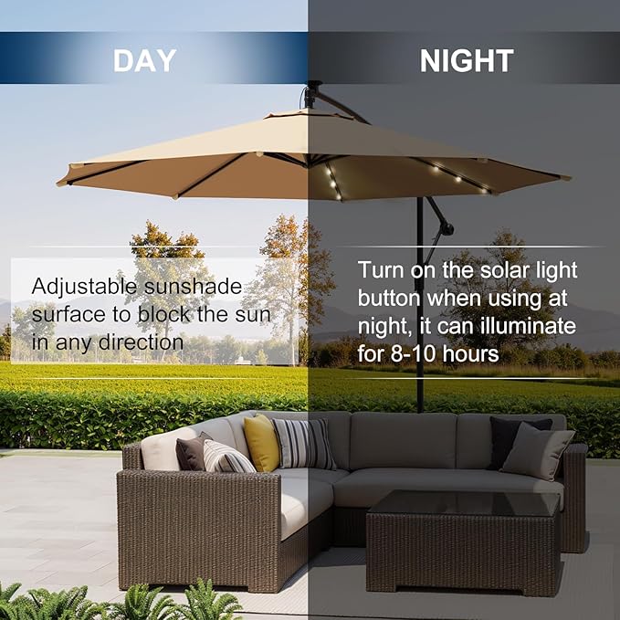 10FT 40-LED Solar Lighted Patio Umbrella with Base Included, Outdoor Offset Cantilever Umbrella, Infinite Tilt, UV Protection for Backyard, Lawn, Garden & Pool