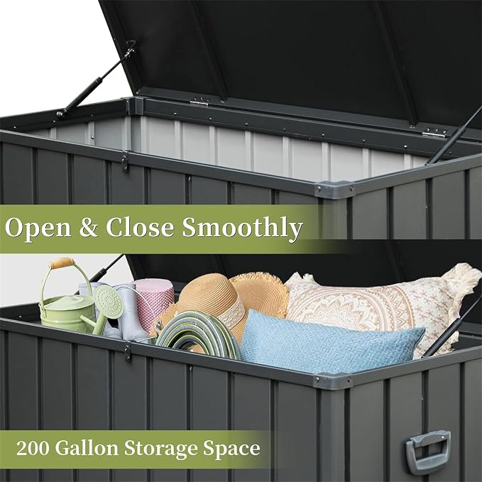 JOSHEN 200 Gallon Outdoor Storage Deck Box with Mobile Roller and Lockable, Large Steel Container Bin with Waterproof and UV Resistant for Patio, Garden, Dark Gray