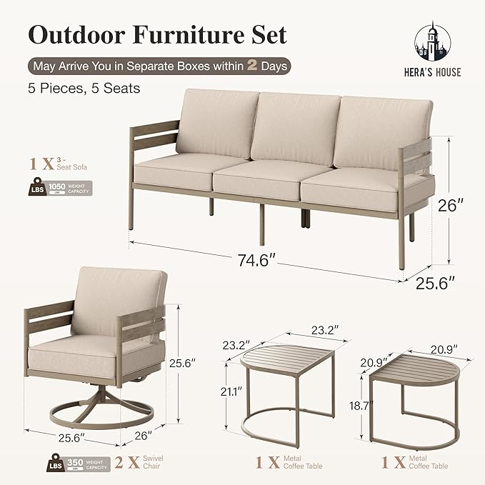 HERA'S HOUSE 4 Pieces Patio Furniture Set, 1 x 3-Seat Outdoor Sofa, 2 x Swivel Armchairs,1 x Wood-Like Nesting Coffee Table, All Weather Patio Conversation Set with Ultra Thick Comfy Cushion