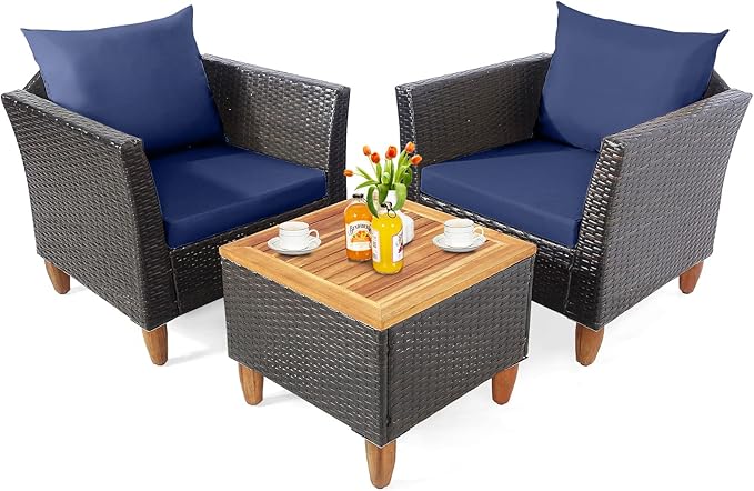 Tangkula 3-Piece Patio Furniture Set, Patiojoy Outdoor PE Wicker Bistro Set with Soft Cushions and Solid Acacia Wood, Outdoor Conversation Set with Porch, Balcony and Garden (Navy)