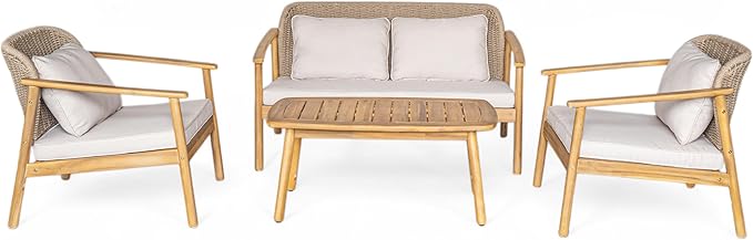 Merax 4-Piece Outdoor Acacia Wood Conversation Set with Coffee Table, Woven Rope Backrest Chair and Loveseat Sofa, Patio Furniture Set for Your Porch, or Balcony, Light Teak Finish, Beige Cushion