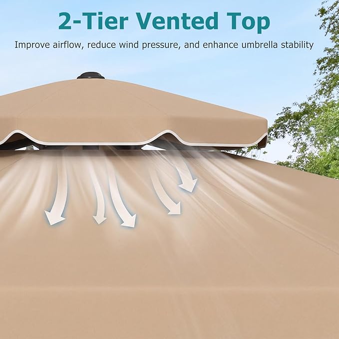 Happygrill 10 FT Patio Umbrella, Scalloped Outdoor Table Market Umbrella with Push Button Tilt & Crank, 2-Tier Vented Top, Heavy-Duty 8 Metal Ribs, Sun-Protective Canopy, Ruffle for Deck Pool Garden (Brown)