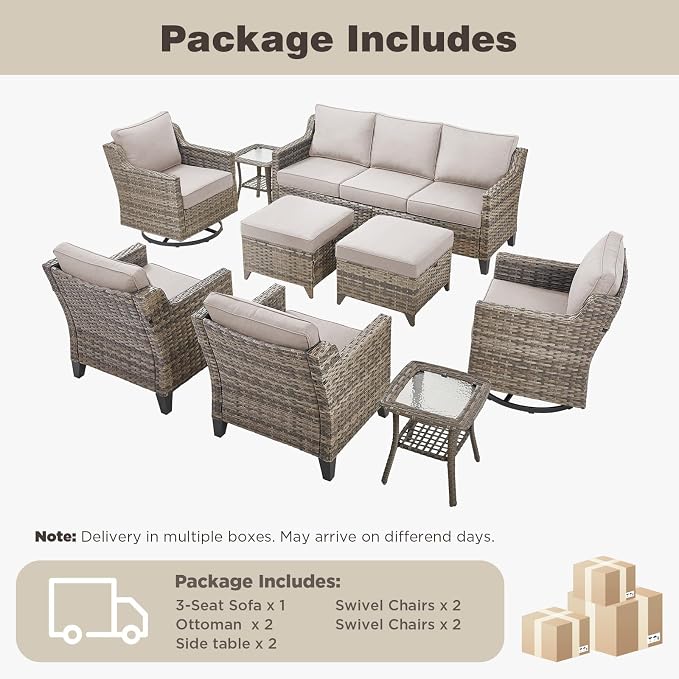 Belord Patio Wicker Swivel Rocker Patio Chairs with 3-Seater Sofa, Outdoor Rattan Chairs for Deck Porch Poolside, 9 Piece Patio Conversation Furniture Set,Beige