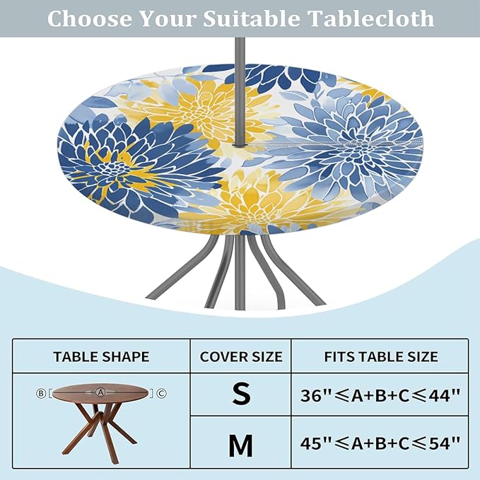 OSAM SPACE Outdoor Tablecloth with Umbrella Hole, Round Elastic Fitted Table Cloth with Invisible Zipper,Blue Yellow Chrysanthemum Flower Picnic Patio Table Cover 36-44in