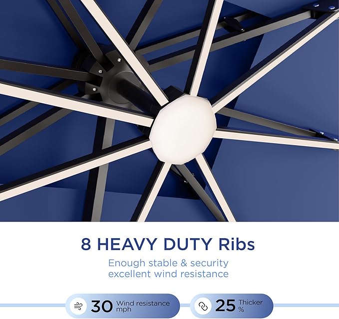 10' X 13' Patio Umbrella with Weighted Base and LED Lights Outdoor Cantilever Large Rectangle Offset Umbrellas Heavy Duty Aluminum Double Top with 360-degree Rotation for Pool Garden Deck, Navy