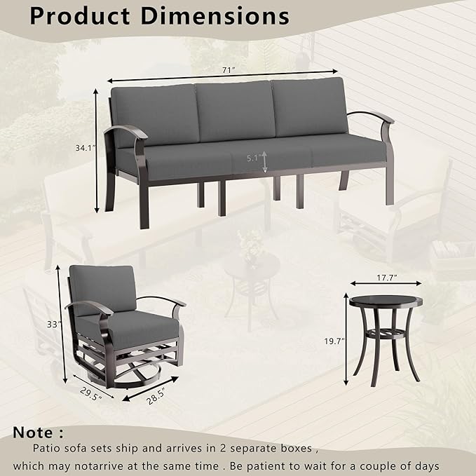 Patio Furniture Set 3-Piece Aluminum Armrest Sofa, All-Weather Patio Conversation Set with Tempered Glass Top Table & Removable Sponge Cushions for Backyard Poolside - Grey