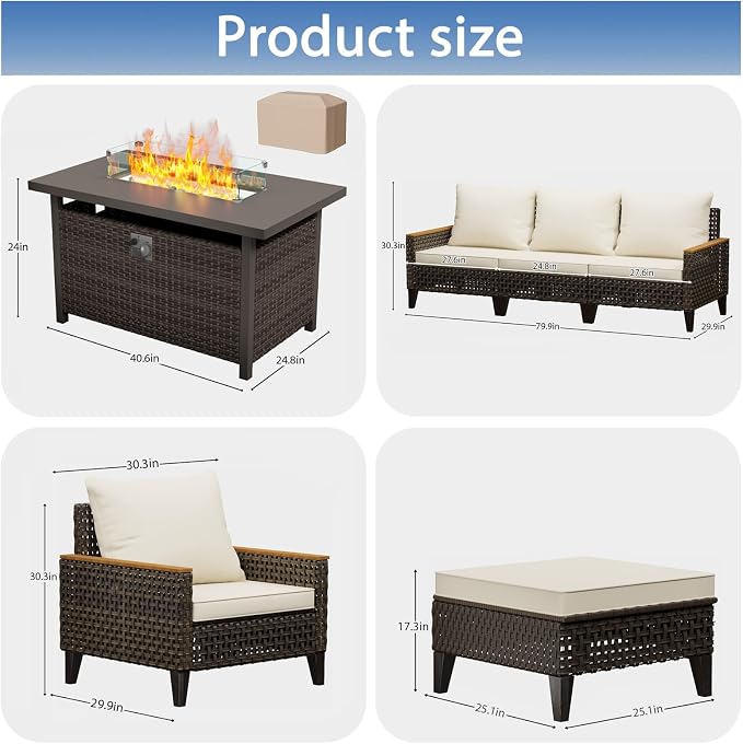 8Piece Patio Furniture Set with 50000 BTU Propane Fire Pit Table, All-Weather Wicker Rattan Outdoor Sectional Sofa Set with High Back and Thick Cushions for Garden, Porch, Poolside, Beige