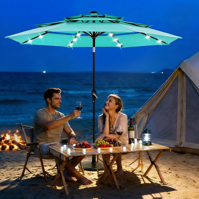 Garvee 9ft 10ft Patio Umbrella with Solar Lights, 3-Tier Umbrella Outdoor Patio with LED Lights, Ventilation, Easy Crank & Tilt, 8 Sturdy Ribs, UV Protection, Large Patio Umbrella for Deck, Pool