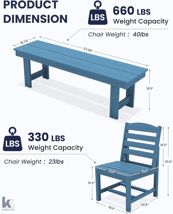 KINGYES 6-Piece Patio Dining Set, HDPE Table, Bench and Armless Chairs Outdoor Furniture Set with Umbrella Hole, Blue