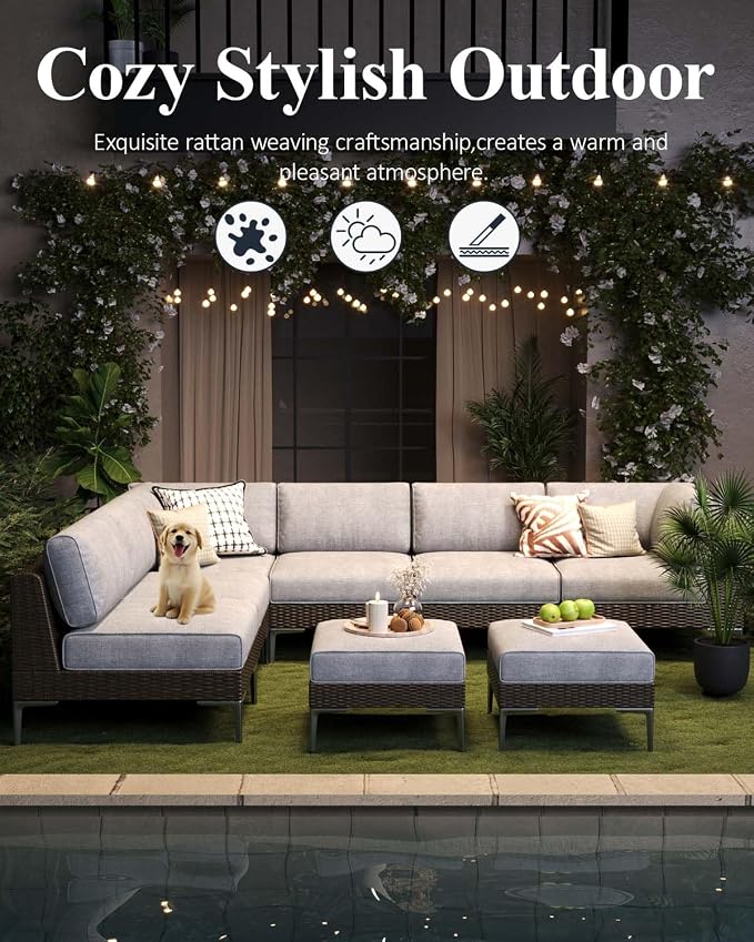 LayinSun 7-Piece Wicker Rattan Patio Furniture Set, Deep Seating Outdoor Modular Sectional Sofa Conversation Set with Thick Cushions for Lawn, Garden