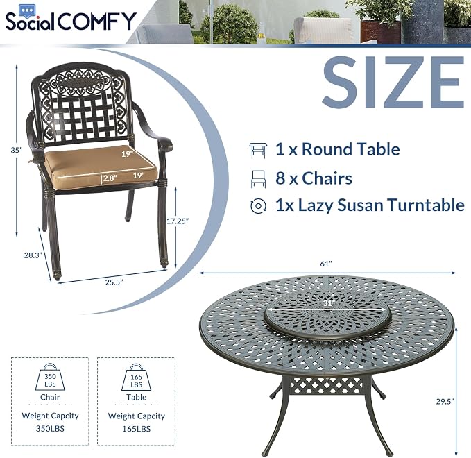 9-Piece Patio Cast Aluminum Dining Set, Outdoor Dining Furniture Set for 8 Person, Includes 8 Cushioned Chairs and 61" Large Round Dining Table with 31" Lazy Susan, Umbrella Hole, Tan