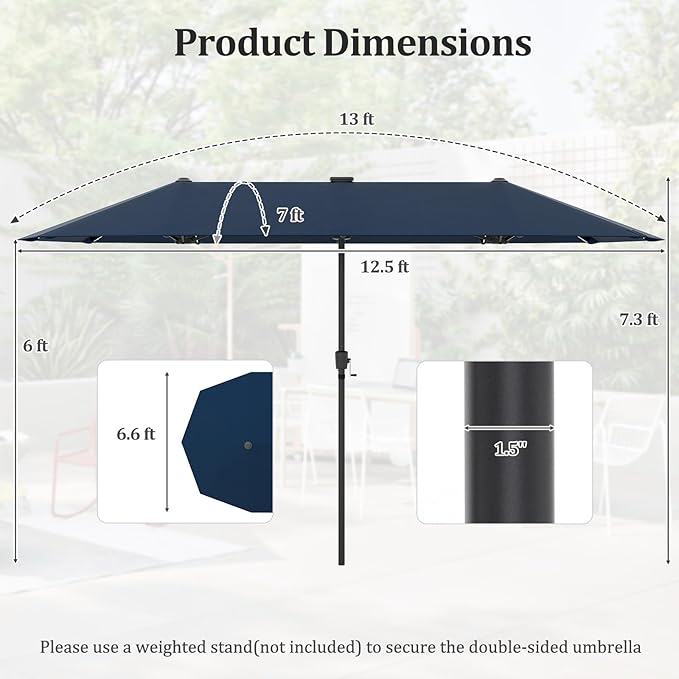 HAPPYGRILL 13 FT Double-sided Patio Umbrella with Solar Lights, Crank Handle & 12 Heavy-Duty Ribs, Outdoor Twin Size Oversized Rectangle Market Umbrella for Garden Deck Poolside