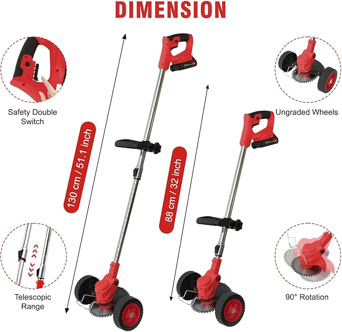 ALSO GO Weed Wacker, Cordless String Trimmer 24V with 2 Batteries 2.0Ah, 3 Types Metal Blades Powered Grass Trimmer, Pruning Shears, Adjustable Pole Weed Trimmer for Garden and Yard Lawn-Red