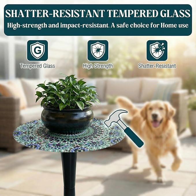 13.4" Outdoor Side Table, Round Patio Bistro Table Printed Tempered Glass Top, Waterproof Rust-Proof Base, Small Plant Stand for Balcony, Garden, Deck, 21.6" H (Blue Morocco)