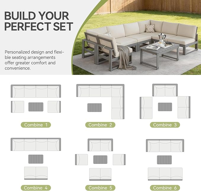 Patio Furniture Set, HDPE Sectional Outdoor Conversation Sets, 7-Piece Outdoor Couch Set with Deep Cushions, All-Weather Patio Sofa Set for Garden, Backyard, Porch, Grey