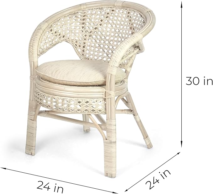 3 Pcs Pelangi Rattan Wicker Dining Set Round Table Glass Top and 2 Arm Chairs with Cream Cushion, White Color