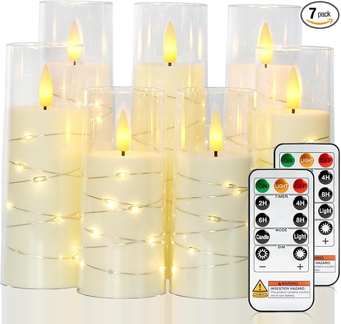 Raycare Flameless Candle with Remote Timer, 7 Flickering Acrylic Battery Operated LED Pillar Candles with Embedded Star String for Valentine's Day, Home Decor, and as a Gift(Ivory)