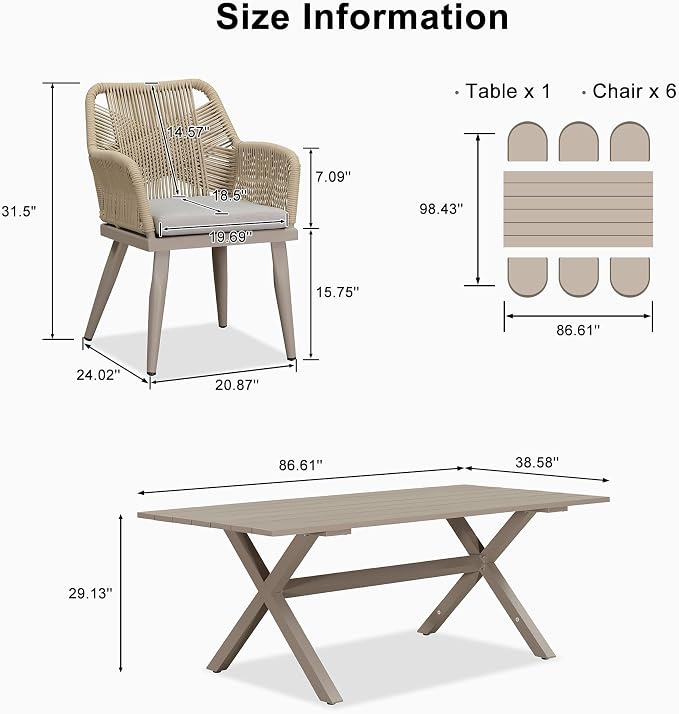 PURPLE LEAF Outdoor Patio Dining Set All-Weather PE Rattan Furniture Set with All Aluminum Frame Rectangular 7 Pieces Table and Chairs Set for 6 People Lawn Garden Backyard Deck, Champagne