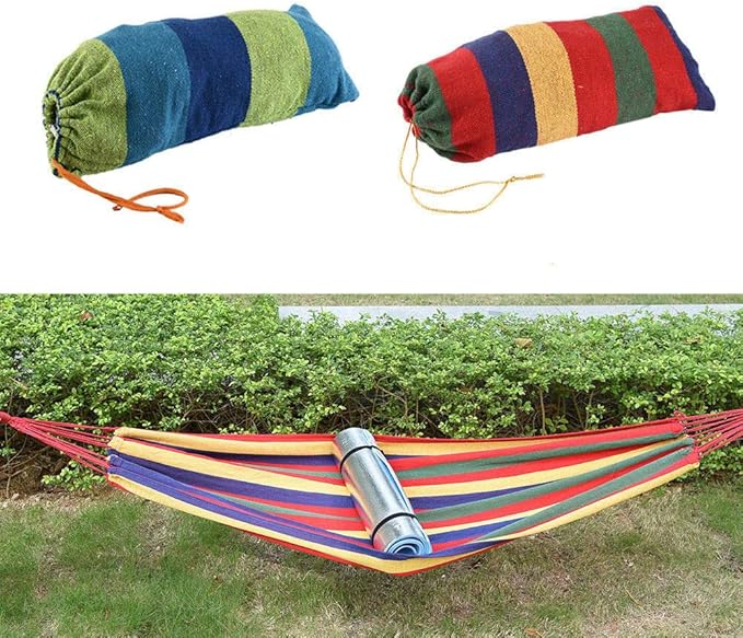 One Person 20080cm Portable Polyester & Cotton Hammock Blue & Green Strip