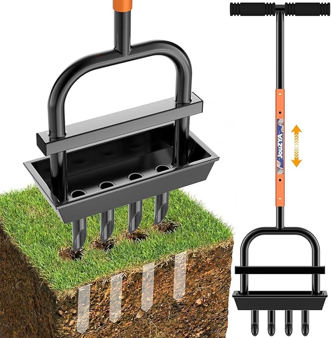 Updated Lawn Aerator Tool with Soil Core Collection Tray, Lawn Core Aerator Lawn Tool with 4 Tines Manual Grass Aerator, Spike Lawn Coring Aerator for Yard Lawn Aeration Soil Loosening, Coral