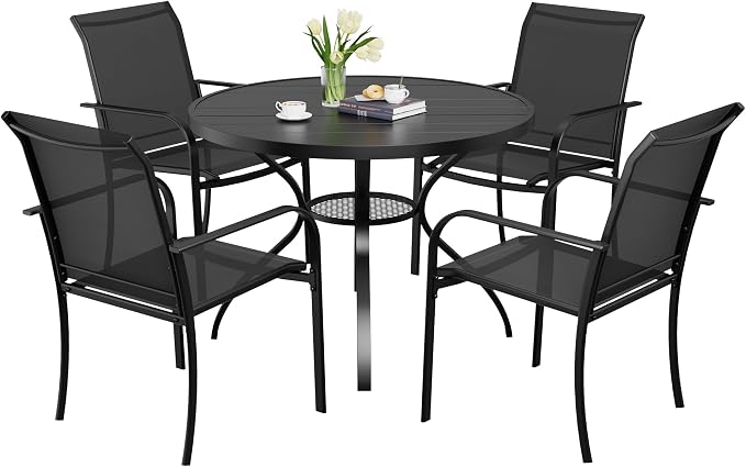Incbruce 5 PCS Patio Dining Set, Outdoor Dining Set of 4 Textilene Chairs and 41" Round Table with Umbrella Hole for Backyard, Garden, and Poolside (Black)