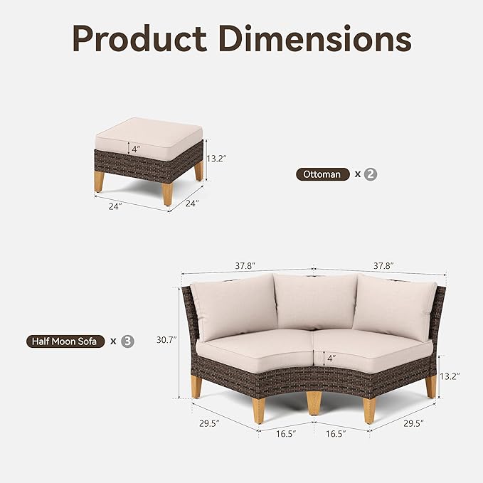 GREEN PARTY 8 Pieces Wicker Patio Furniture Set, All-Weather Outdoor Rattan Half-Moon Curved Patio Sectional Sofa Conversation Set with 4" Thick Cushions for Garden, Backyard, 2 x Ottomans