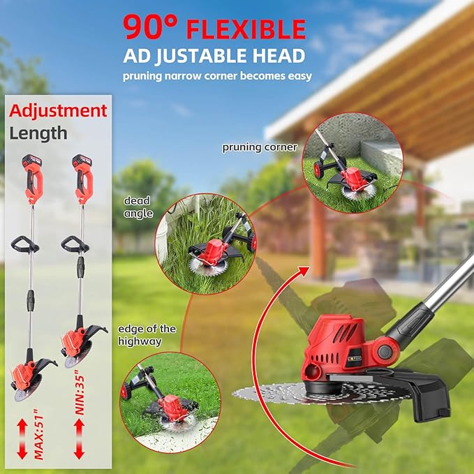 Electric Weed Wacker with Wheel, 3-in-1 Brushless Brush Cutter/String Trimmer/Grass Trimmer/Lawn Mower, 12" Cordless Weed Eater Battery Powered, 2 * 4000mAh Battery, 4 Blade and Charger