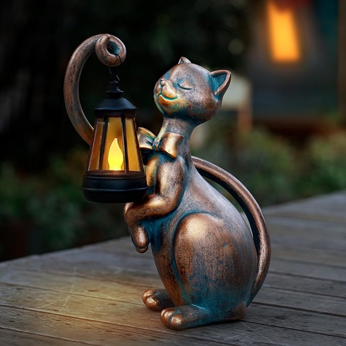 WHIMSYNOOK 10.7" Bronze Cat Garden Statue with Solar Light – Outdoor Yard & Lawn Décor, Charming Cat Figurine Gift for Mom & Cat Lovers