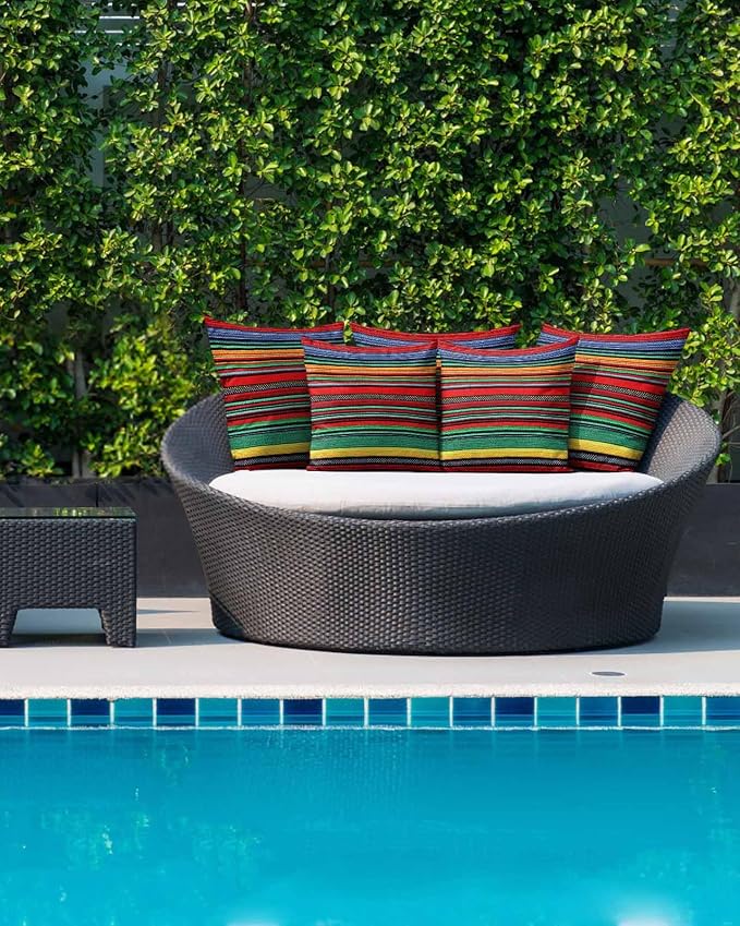 Outdoor Waterproof Throw Pillows Mexican Colorful Stripes Patio Pillows Pack of 1,Decorative Pillow Covers with Insert,Pillow Cushion Case for Garden Couch Sofa Rainbow Lines Ethnic Style