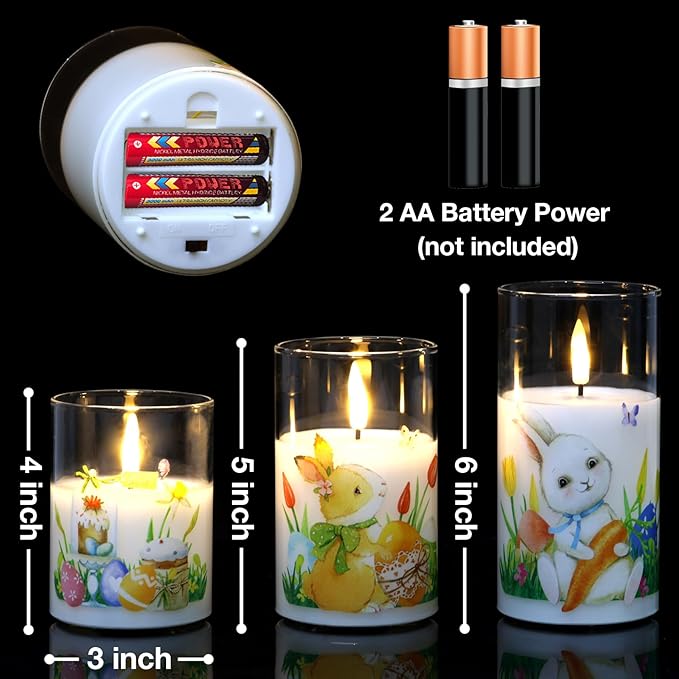 Eywamage Spring Flameless Candles with Remote, Glass LED Pillar Candles Flickering Battery Operated Easter Home Table Decor Set of 3