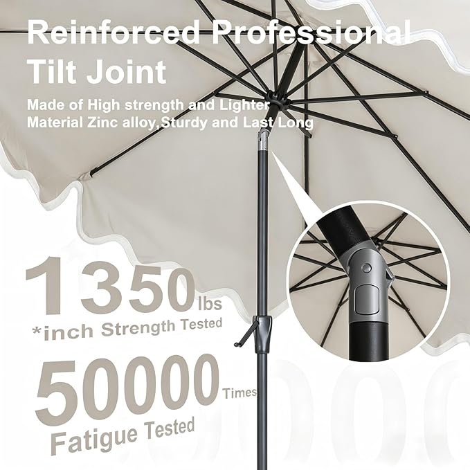 Tempera 9FT Scalloped Tassel Patio Umbrella, Outdoor Market Umbrellas with 8 Sturdy Ribs with Crank & Pust Button Tilt,Fade Resistant Canopy