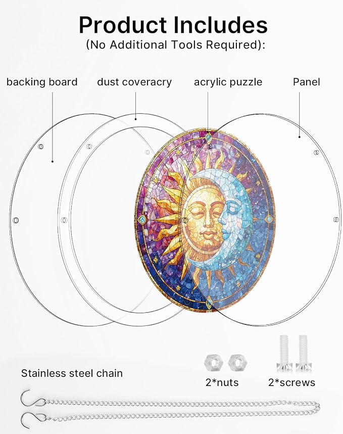 Acrylic Suncatcher Puzzle, Sun and Moon in Harmony-7.4 in | DIY Suncatcher Puzzle Kits for Adults, Acrylic Jigsaw Puzzle Suncatcher, Garden&Window Hanging Decor, Unique Gift