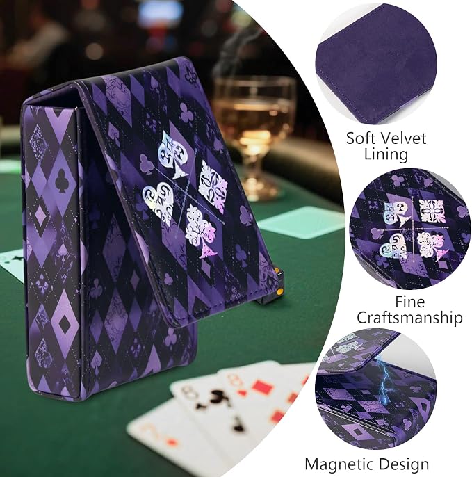 Leather Playing Card Box/Case, 4.7''x3''x1.3'' Deck of Cards Holder - Fits Bridge Cards, Playing Card Storage Box for Outdoor Travel Gaming (Purple)