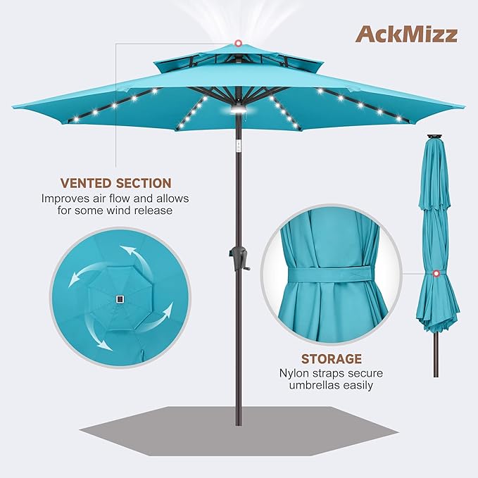 9FT Solar Umbrella Outdoor - 2 Tiers Lighted Solar Patio Umbrella with 40 LED Lights Waterproof UV Protection, Table Umbrella with Tilt for Pool, Porch, Garden, Backyard (Aqua Blue)