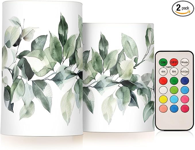 Watercolour Leaf Pattern Flameless Candles Color Changing LED Candles with Remote Control Battery Candles for Outdoor and Indoor Home and Room Decoration, 3'' x 4''/5'' Set of 2 Pieces