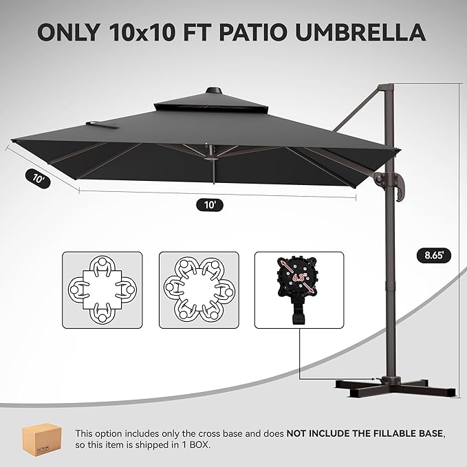 GENTEACO 10X10 FT Cantilever Umbrella, Large Offset Patio Umbrella with Double Top, 6 Angle Tilts & 360° Rotation, Large Square Sun Umbrellas for Outdoor Patio Pool Deck Market, Grey