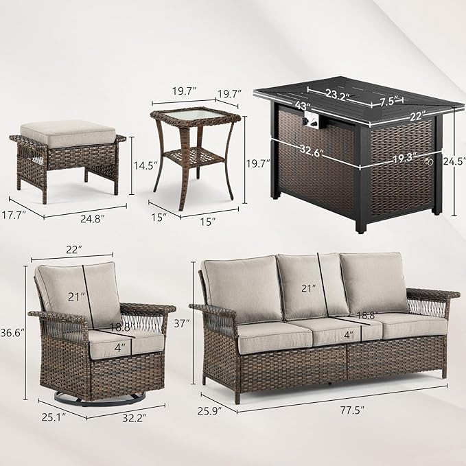 Patio Furniture Set with Fire Pit Table, 7PCS Patio Conversation Set Brown Resin Wicker Swivel Patio Chair Sofa Ottoman Set with Side Table and Fire Table PE Rattan Furniture Set