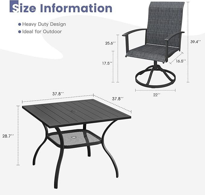 VICLLAX Outdoor Table and Chairs Set for 4, Patio Dining Set of 37.8" Metal Square Patio Table with Umbrella Hole & 4 Swivel Outdoor Dining Chairs for Backyard Lawn, Charcoal & Black