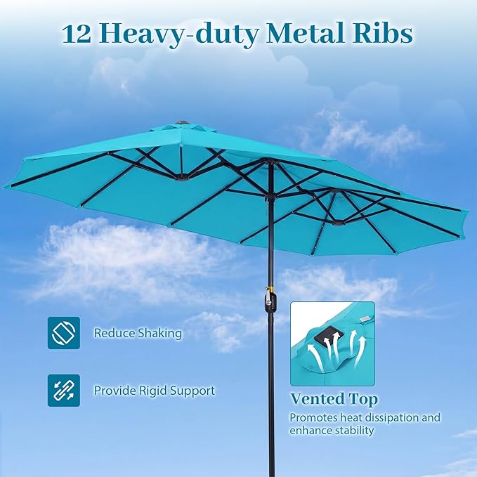 Tangkula 13 Ft Solar Patio Umbrella, Double-Sided Extra Large Outdoor Market Table Umbrella with 36 LED Lights, Crank Handle, 12 Sturdy Ribs for Poolside, Garden & Backyard (Turquoise)